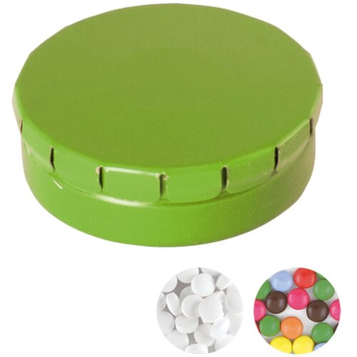 Rond click clack blik 45 mm met ca. 12 gr. mintjes TAMPONPRINT lichtgroen