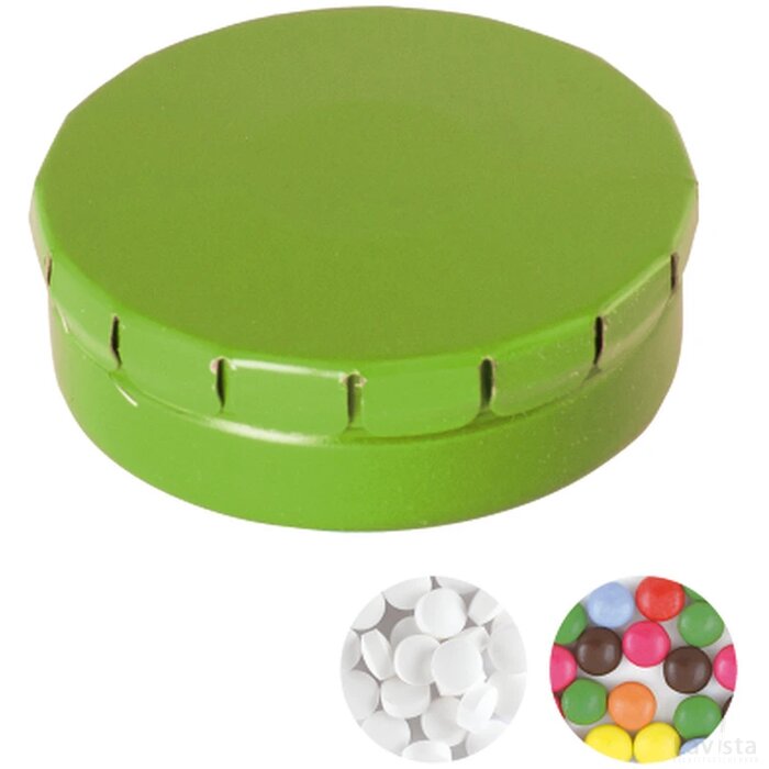 Rond click clack blik 45 mm met ca. 12 gr. mintjes TAMPONPRINT lichtgroen