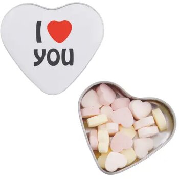 Snoepblikje hart met ca. 24 gr. hartjes rood