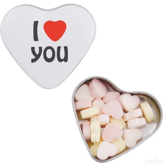 Hart blik 70 x 65 x 15 mm. met ca. 24 gr. hartjes wit