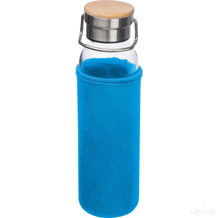 Drinkfles van glas met ommanteling lichtblauw