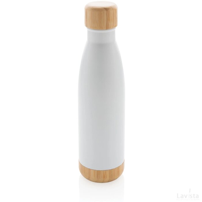 Vacuüm roestvrijstalen fles met bamboe deksel en bodem wit