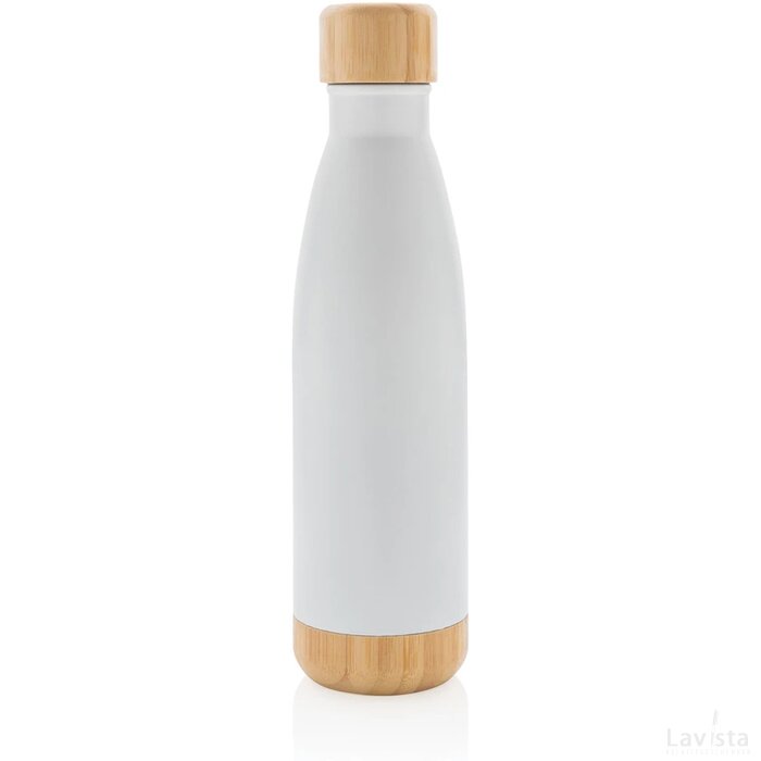 Vacuüm roestvrijstalen fles met bamboe deksel en bodem wit