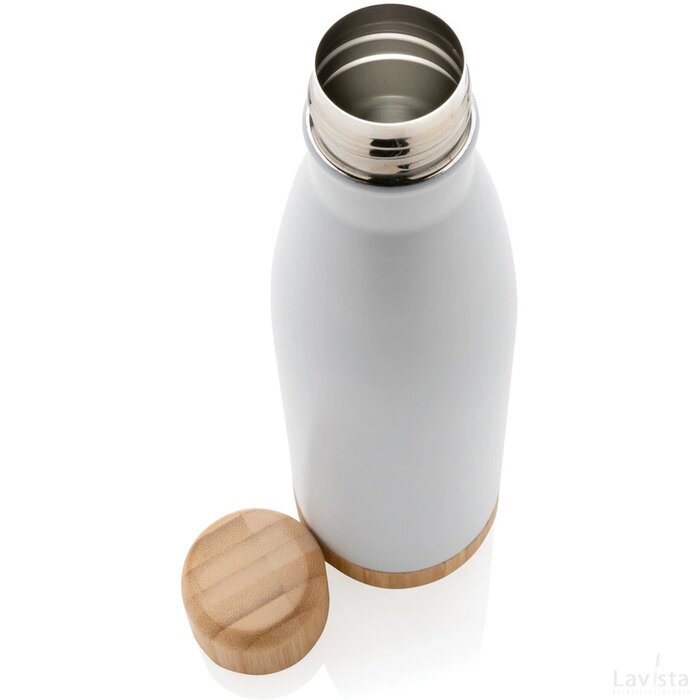 Vacuüm roestvrijstalen fles met bamboe deksel en bodem wit