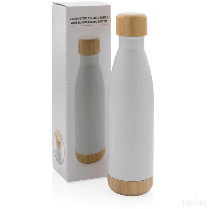 Vacuüm roestvrijstalen fles met bamboe deksel en bodem wit