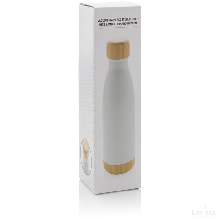 Vacuüm roestvrijstalen fles met bamboe deksel en bodem wit
