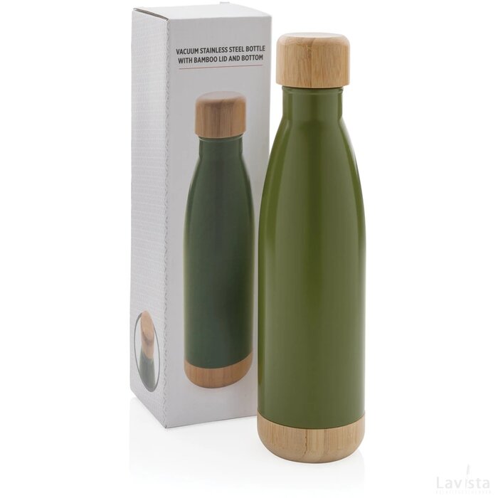 Vacuüm roestvrijstalen fles met bamboe deksel en bodem groen