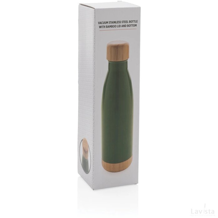 Vacuüm roestvrijstalen fles met bamboe deksel en bodem groen