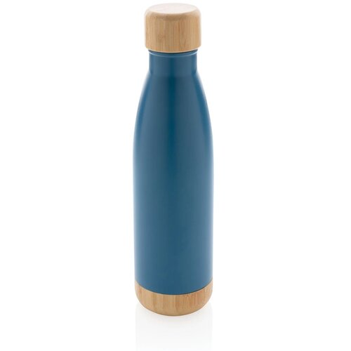 Vacuüm roestvrijstalen fles met bamboe deksel en bodem blauw