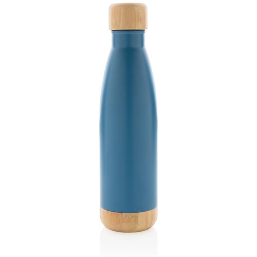 Vacuüm roestvrijstalen fles met bamboe deksel en bodem blauw
