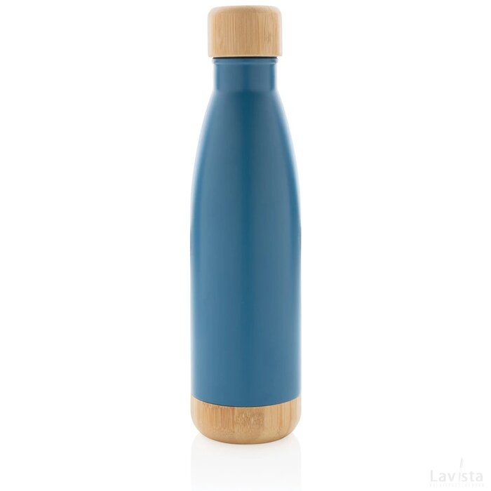 Vacuüm roestvrijstalen fles met bamboe deksel en bodem blauw