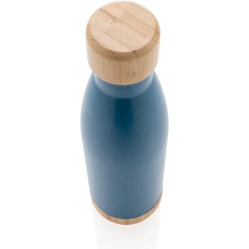 Vacuüm roestvrijstalen fles met bamboe deksel en bodem blauw