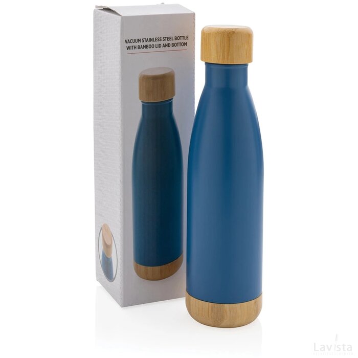 Vacuüm roestvrijstalen fles met bamboe deksel en bodem blauw