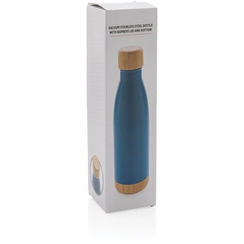 Vacuüm roestvrijstalen fles met bamboe deksel en bodem blauw