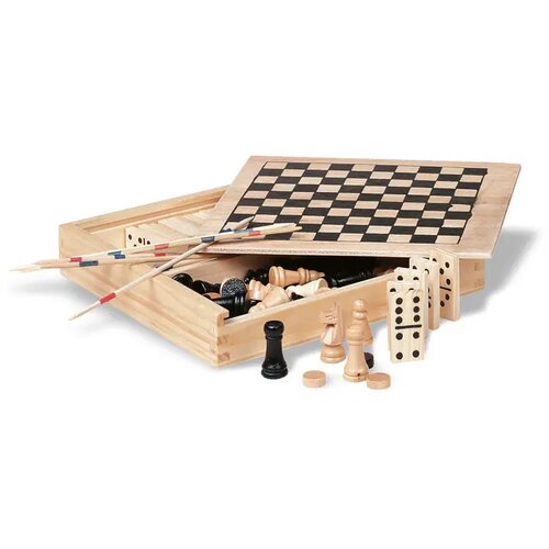 4 spelletjes in houten doos Trikes Bruin