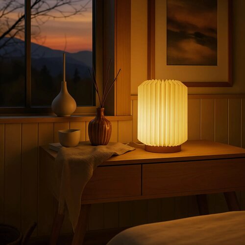 Coollux vouwbare papieren LED lamp Aurora op houten voet Naturel