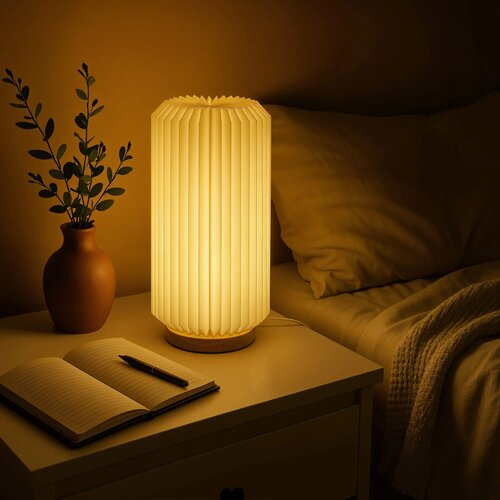 Coollux vouwbare papieren LED lamp Aurora Tall op houten voet, 32cm natuur