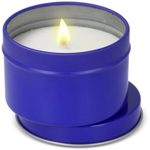 Kirtan plantaardige geurkaars in groot gerecycled blik blauw