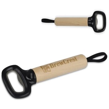 Flesopener met houten handvat en riem zwart