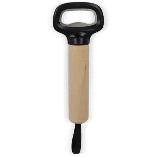 Flesopener met houten handvat en riem zwart