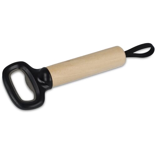 Flesopener met houten handvat en riem zwart