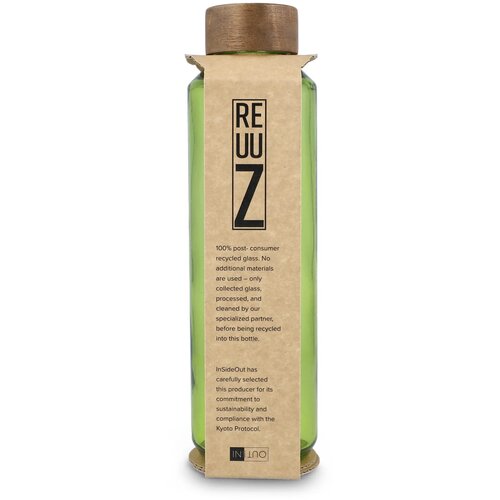 InSideOut Gerecyclede glazen Waterfles ReuuZ met houten dop 650 ml transparant / lichtgroen
