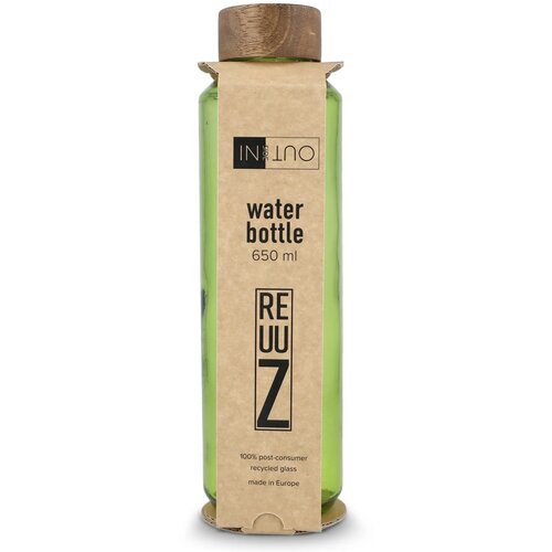 InSideOut Gerecyclede glazen Waterfles ReuuZ met houten dop 650 ml transparant / lichtgroen