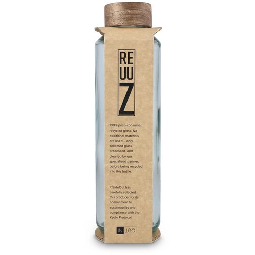 InSideOut Gerecyclede glazen Waterfles ReuuZ met houten dop 650 ml transparant