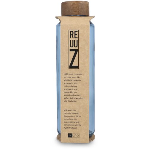 InSideOut Gerecyclede glazen Waterfles ReuuZ met houten dop 650 ml transparant / lichtblauw