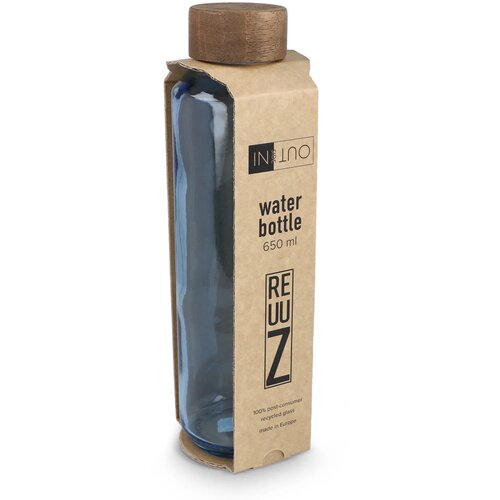 InSideOut Gerecyclede glazen Waterfles ReuuZ met houten dop 650 ml transparant / lichtblauw