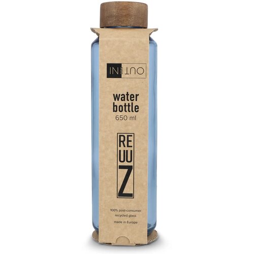 InSideOut Gerecyclede glazen Waterfles ReuuZ met houten dop 650 ml transparant / lichtblauw
