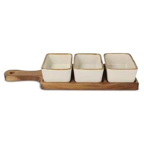 InSideOut houten serveerplank met 3 keramische schaaltjes ecru