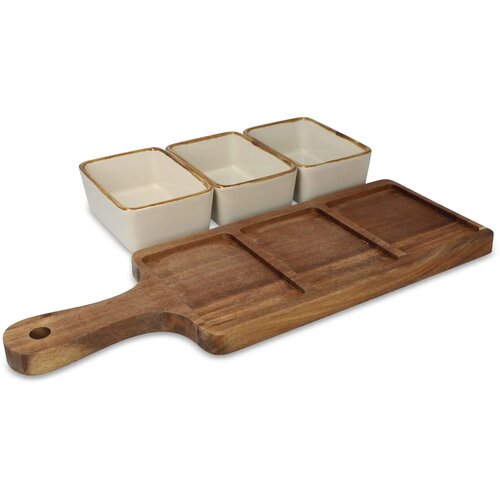 InSideOut houten serveerplank met 3 keramische schaaltjes ecru
