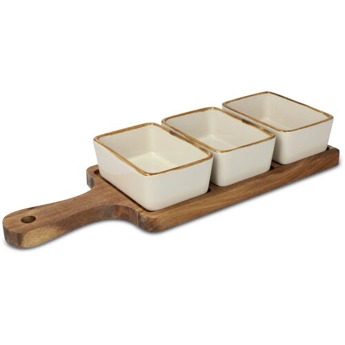 InSideOut houten serveerplank met 3 keramische schaaltjes ecru