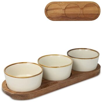 InSideOut Houten standaard met 3 keramische ronde kommen ecru InSideOut Houten standaard met 3 keramische ronde kommen ecru