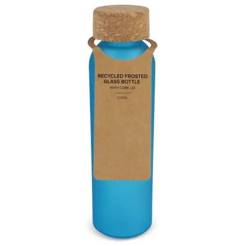 Matglazen gerecycled fles met kurken dop 500ml ecru / blauw