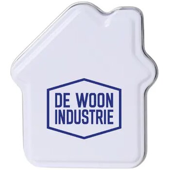 Blikje in huisvorm standaard gevuld met DutchDex dextrose mints (MADE IN HOLLAND). Optioneel te vullen met diverse vullingen uit Europa. wit
