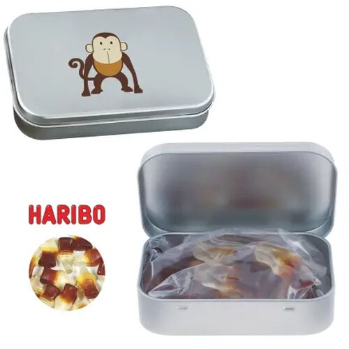 Scharnierblik met ca. 60 gr. Haribo colaflesjes zilver