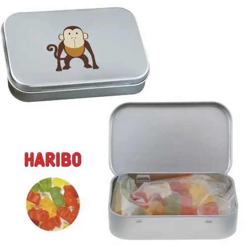 Scharnierblik met ca. 60 gr. Haribo goudberen